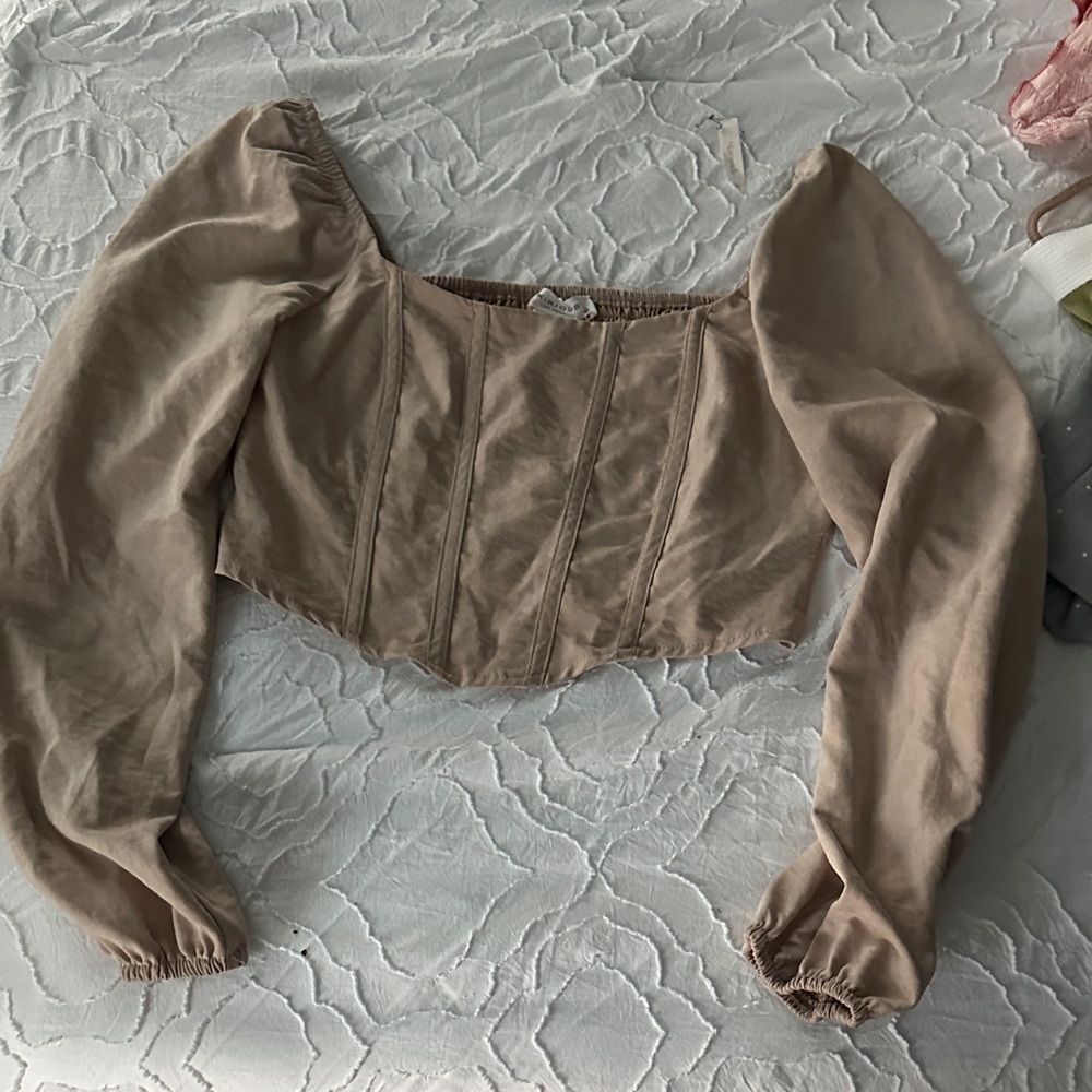 Square-Neck Puff Sleeve Crop Top - Taupe